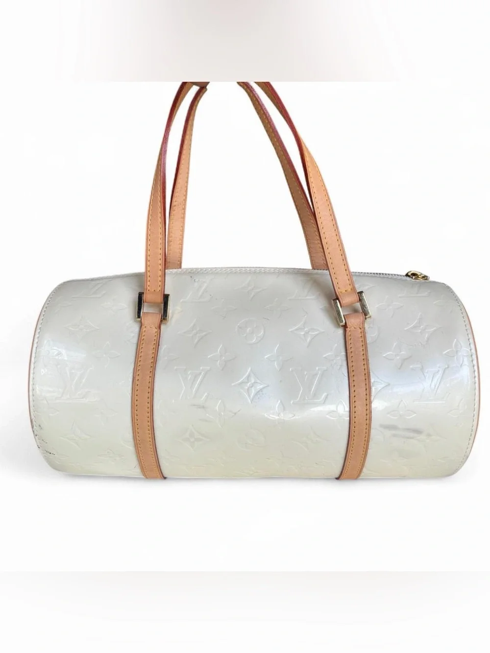 Louis Vuitton White Vernis Monogram Barrel Shoulder Bag with Tan Straps